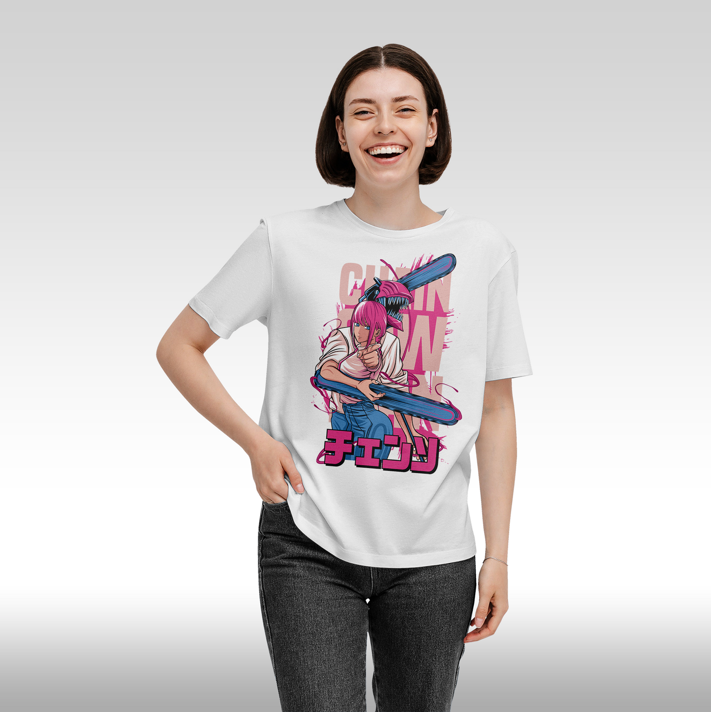 Tricou alb personalizat bumbac Fata dama anime "Chainsaw Man" streetwear
