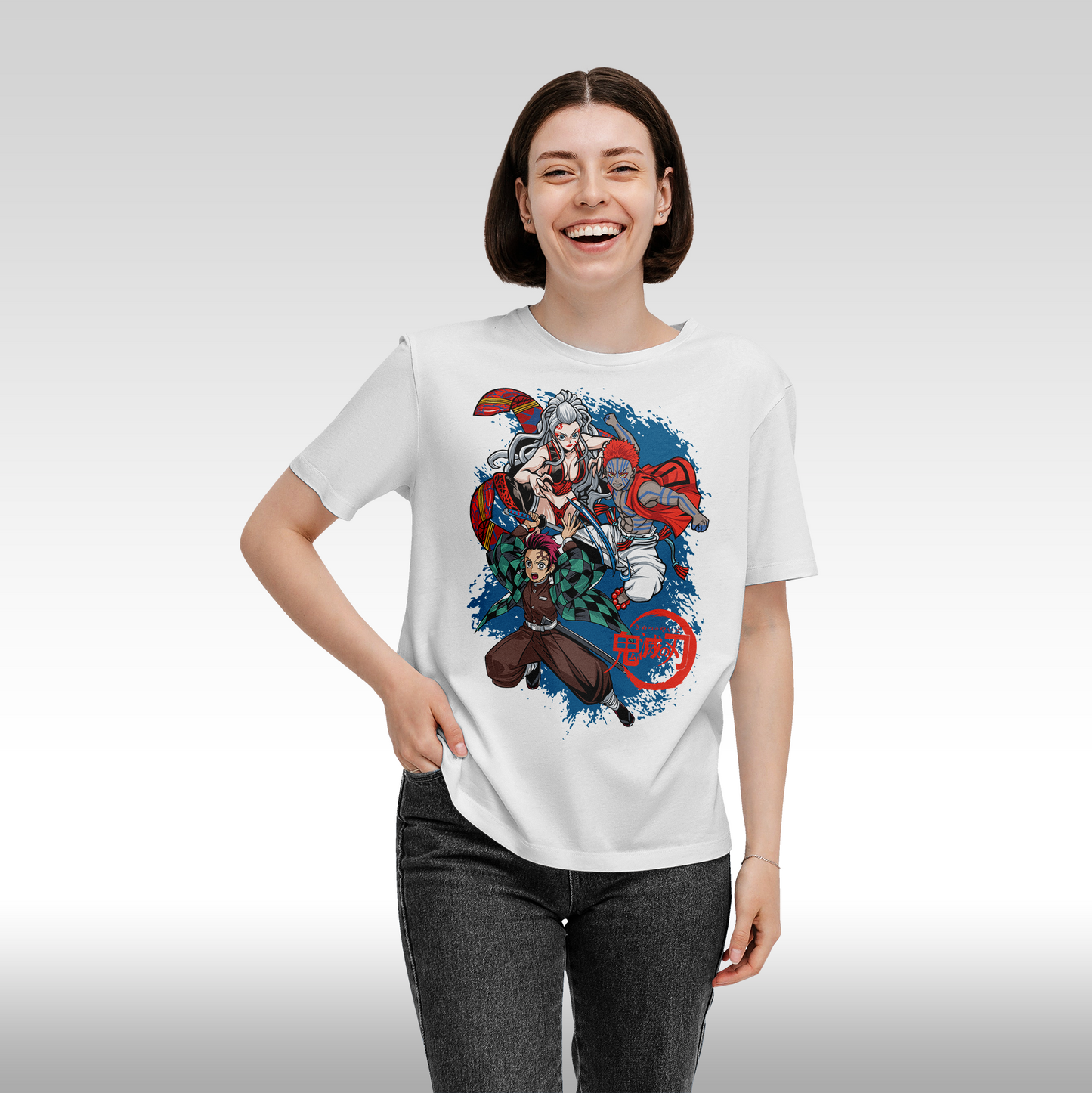 Tricou alb personalizat bumbac Fata dama anime "Demon Slayer: Tanjiro, Akaza, Daki" streetwear
