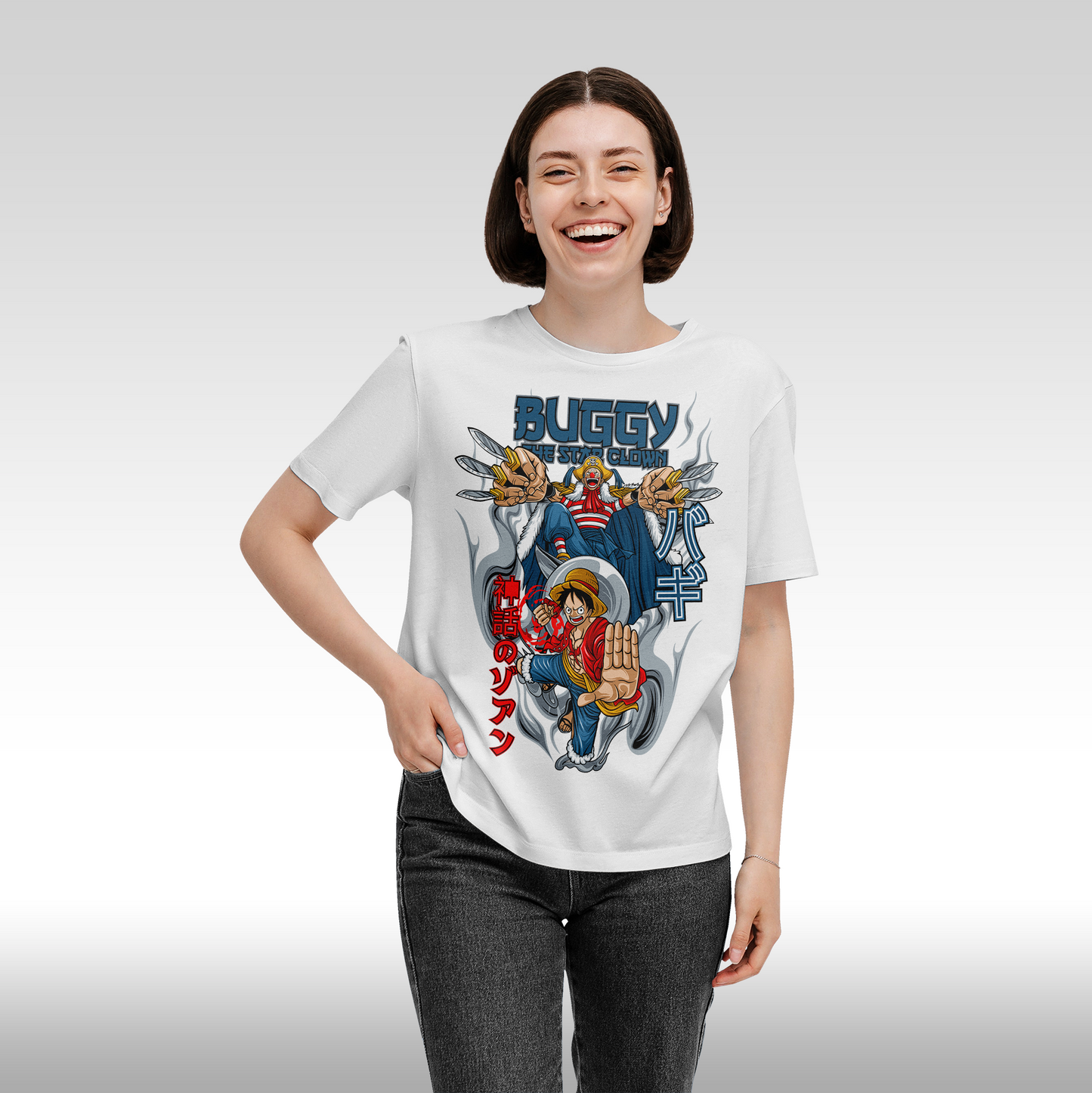 Tricou alb personalizat bumbac Fata dama anime "Luffy, Buggy The Star Clown" streetwear
