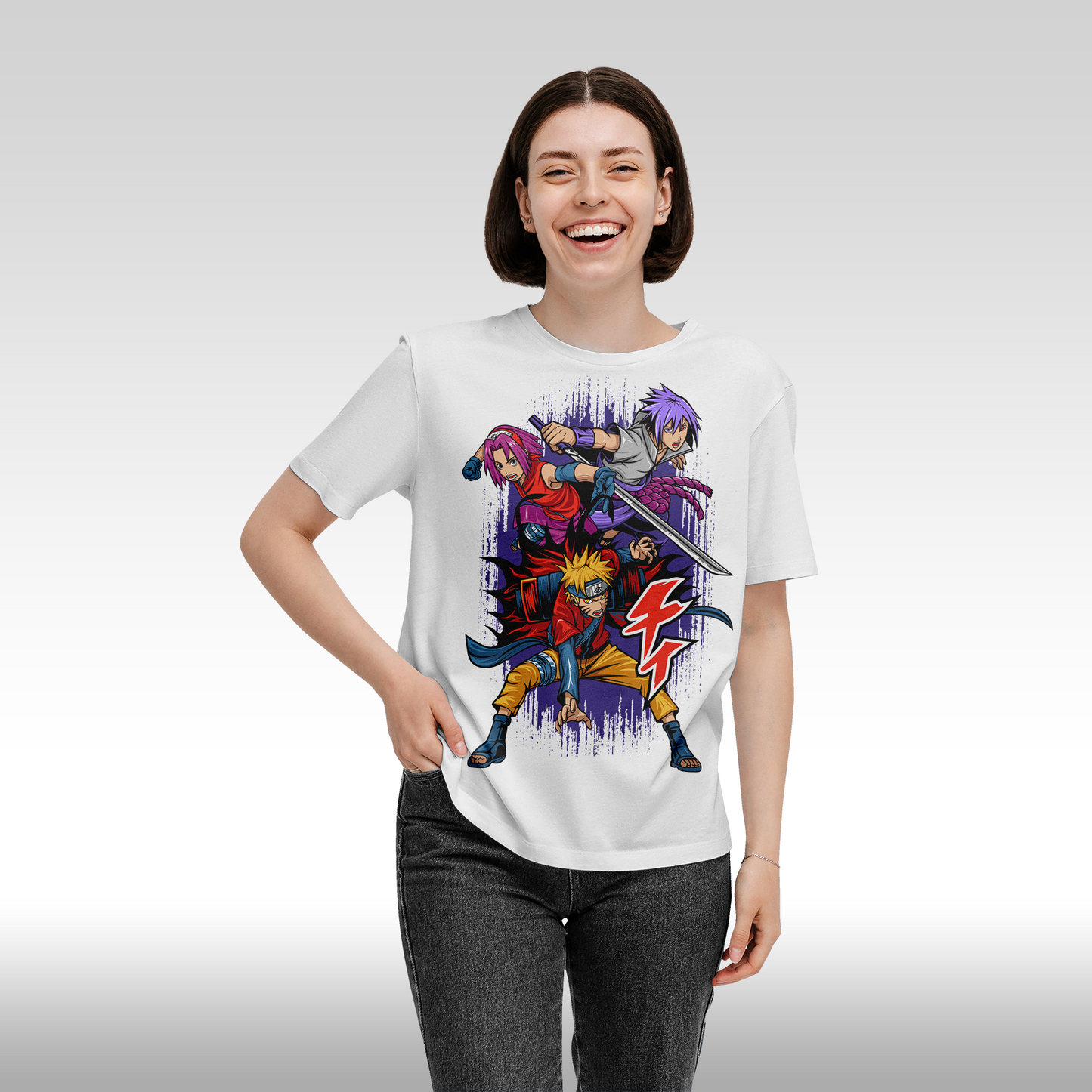 Tricou alb personalizat bumbac Fata dama anime "Naruto-Sasuke-Sakura" streetwear
