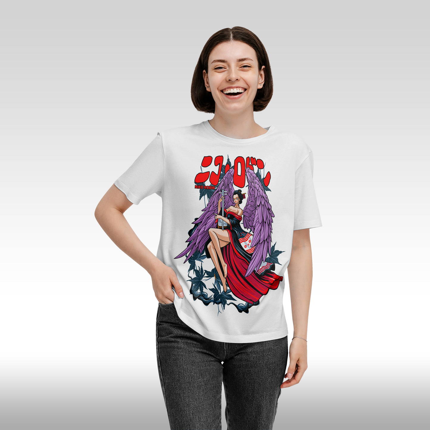 Tricou alb personalizat bumbac Fata dama anime "Nico Robin Red Dress" streetwear
