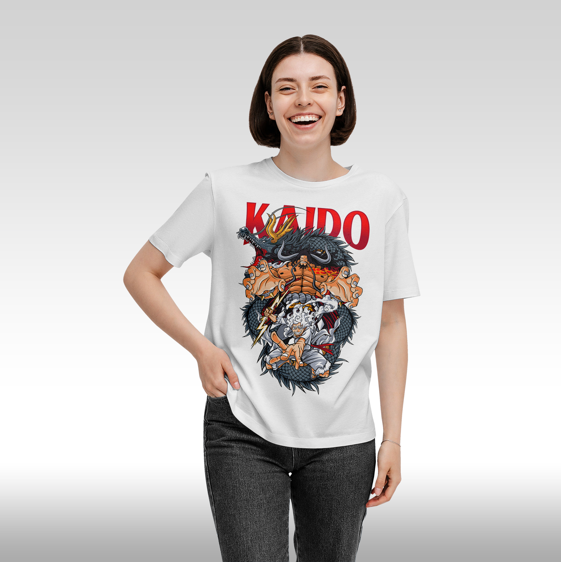 Tricou alb personalizat bumbac Fata dama anime "One Piece: Kaido" streetwear
