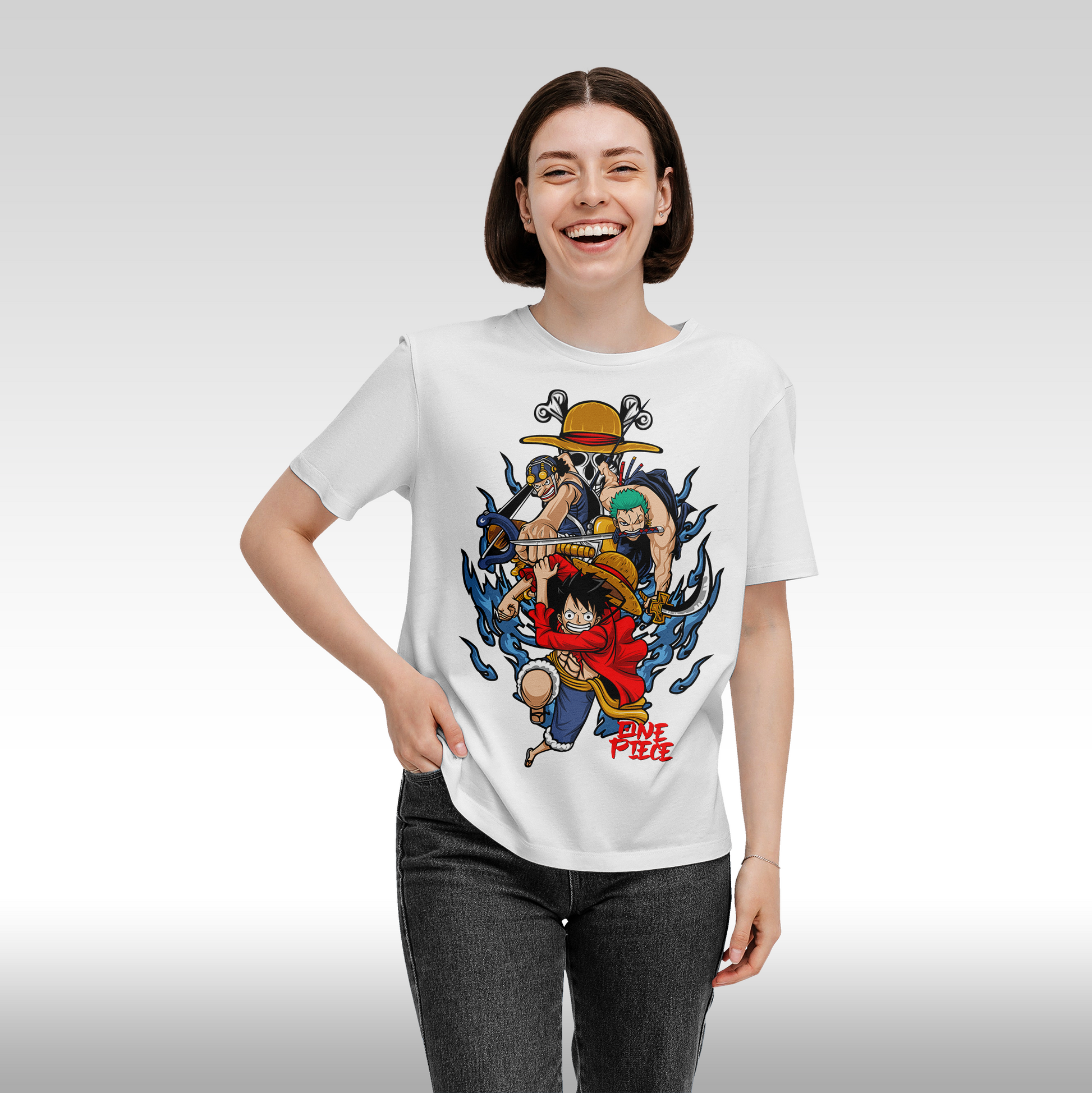 Tricou alb personalizat bumbac Fata dama anime "One Piece: Luffy, Zoro, Usopp" streetwear
