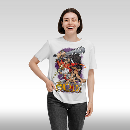Tricou alb personalizat bumbac Fata dama anime "One Piece: Luffy Gear 5" streetwear
