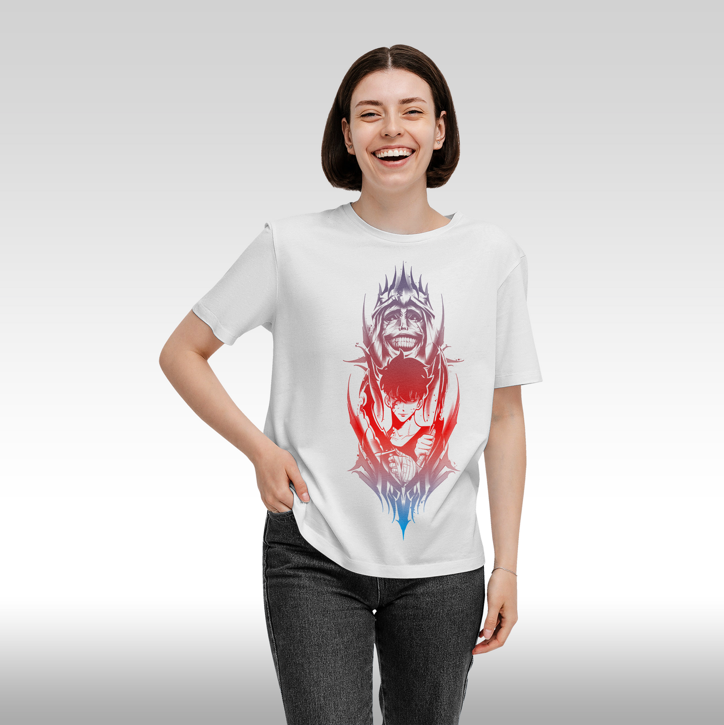 Tricou alb personalizat bumbac Fata dama anime "Solo Leveling" streetwear
