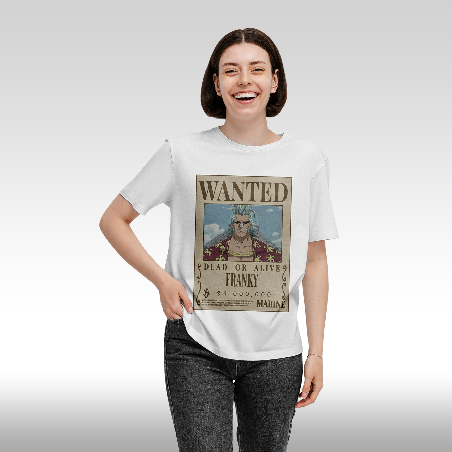 Tricou alb personalizat bumbac Fata dama anime "WANTED : Franky" streetwear

