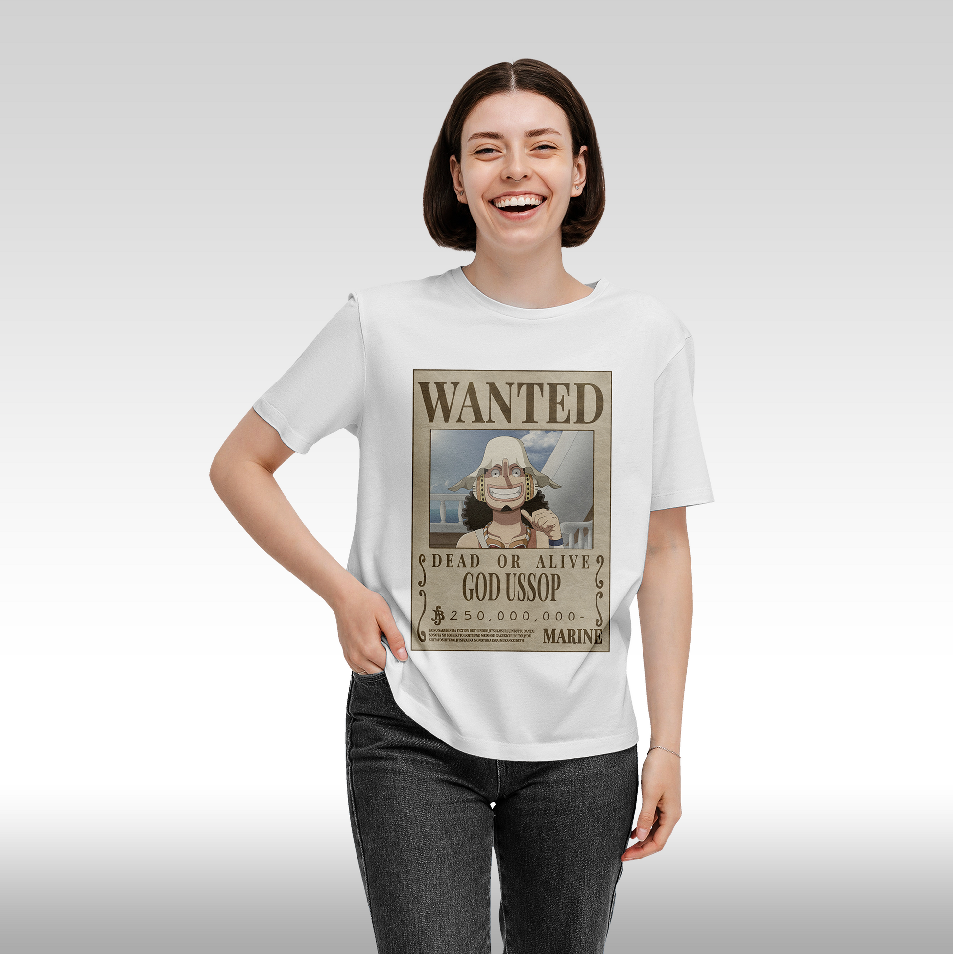 Tricou alb personalizat bumbac Fata dama anime "WANTED : God Ussop" streetwear
