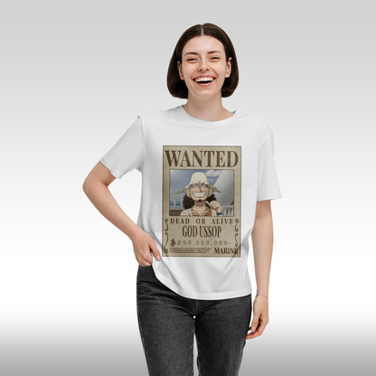 Tricou alb personalizat bumbac Fata dama anime "WANTED : God Ussop" streetwear
