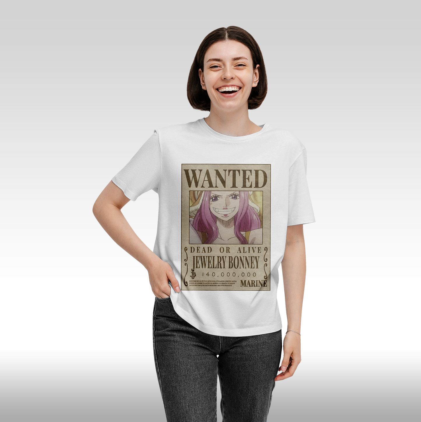 Tricou alb personalizat bumbac Fata dama anime "WANTED : Jewelry Bonney" streetwear
