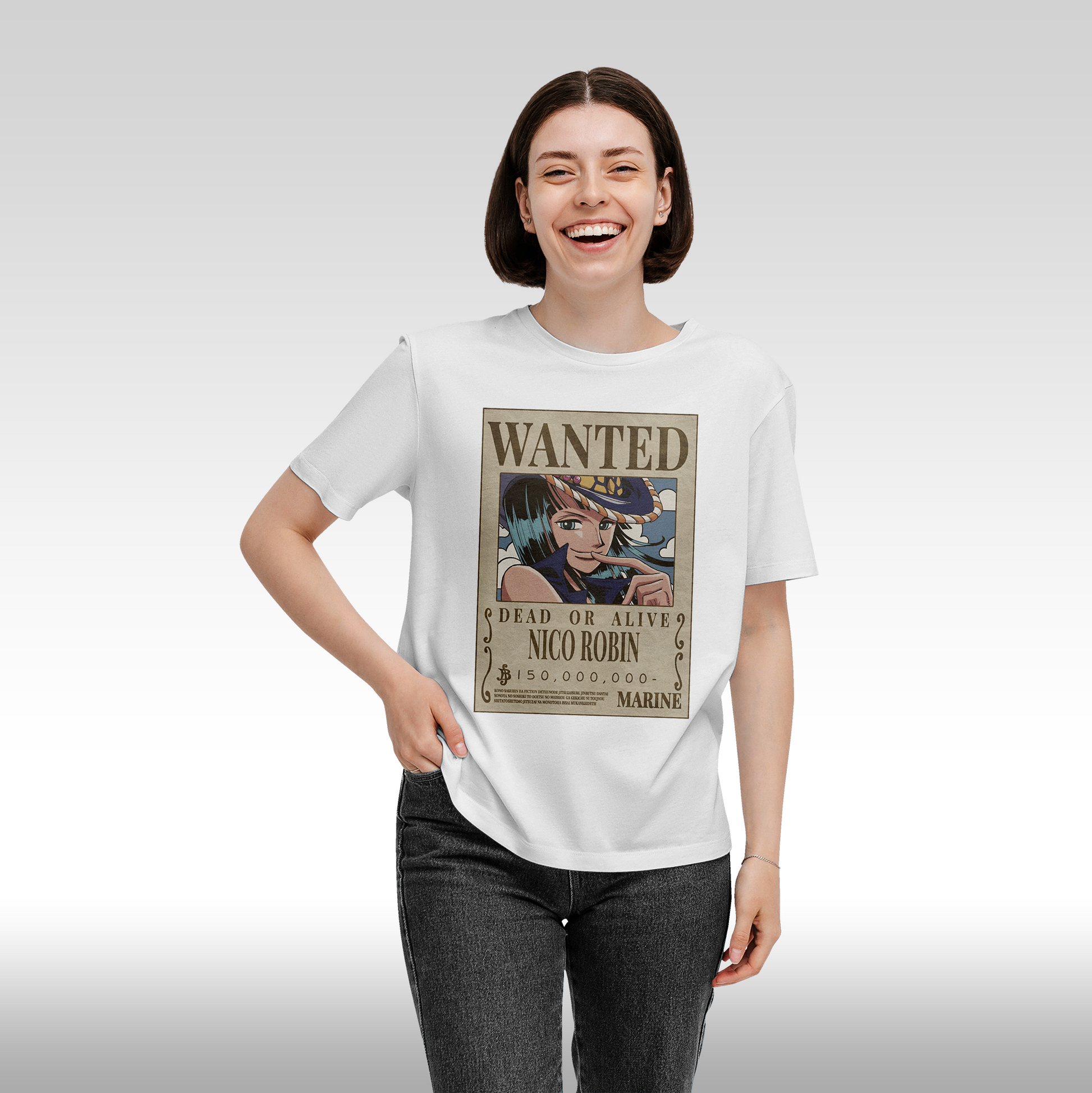 Tricou alb personalizat bumbac Fata dama anime "WANTED : Nico Robin" streetwear
