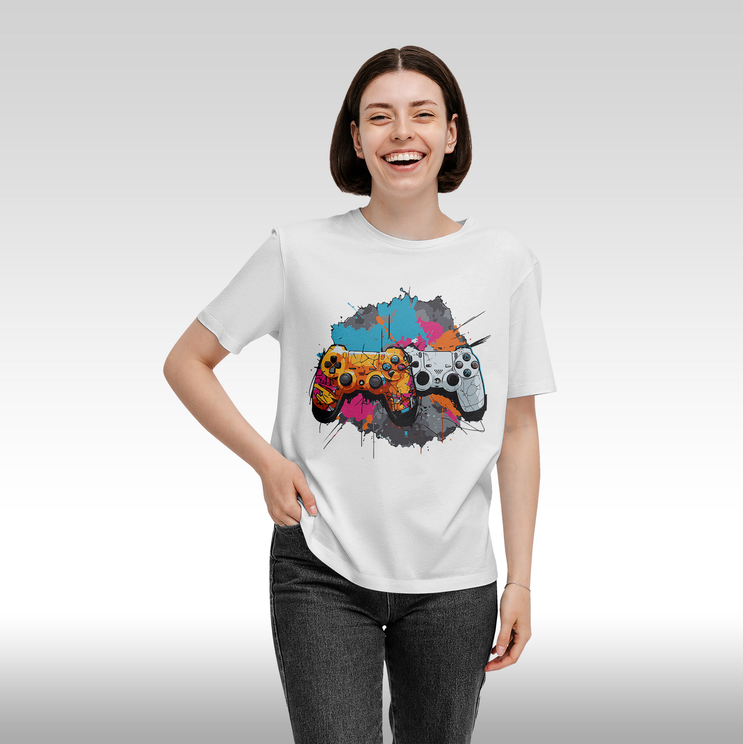 Tricou alb personalizat bumbac Fata dama gaming "Console Gaming" streetwear

