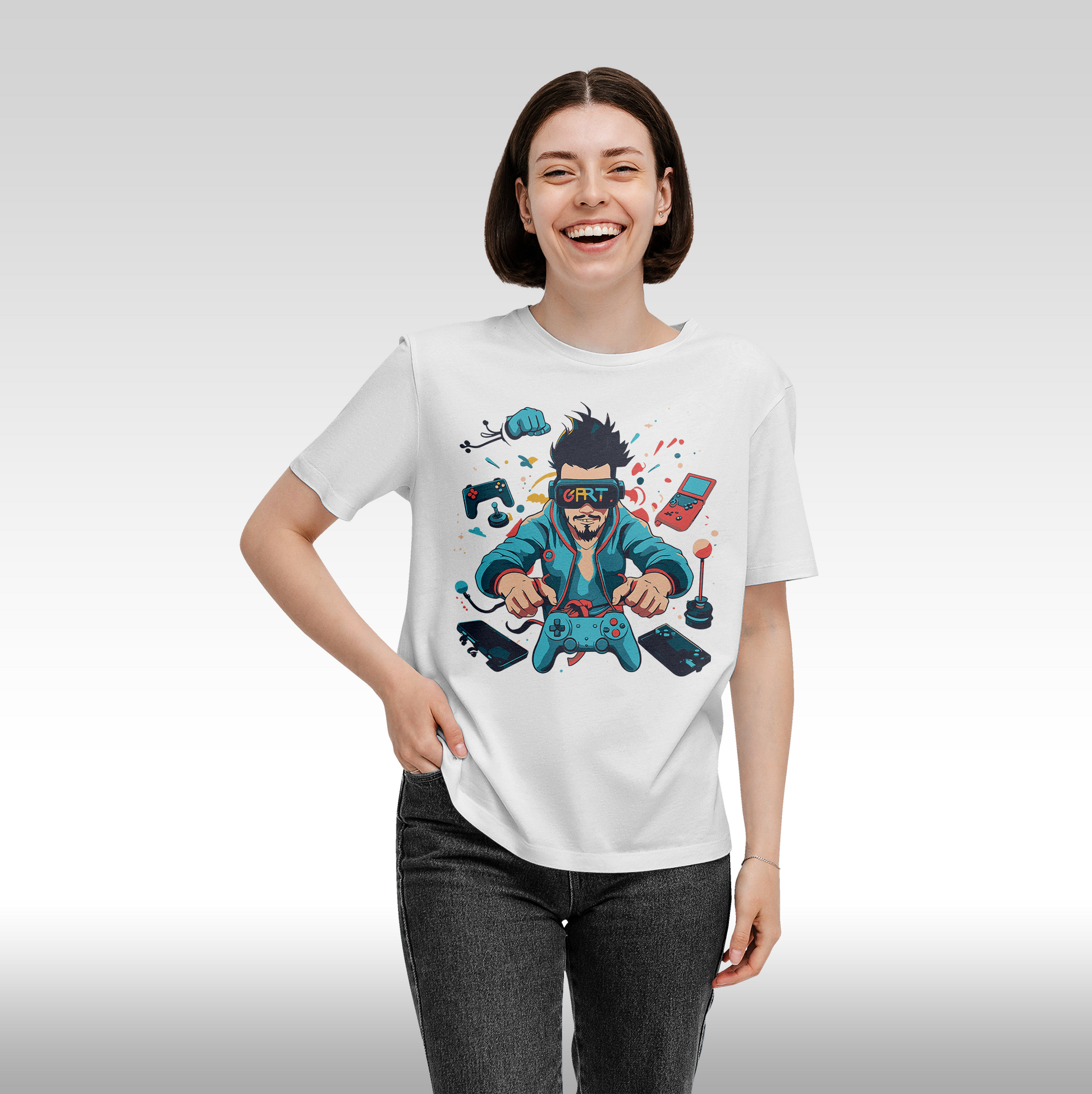 Tricou alb personalizat bumbac Fata dama gaming "G-ART" streetwear
