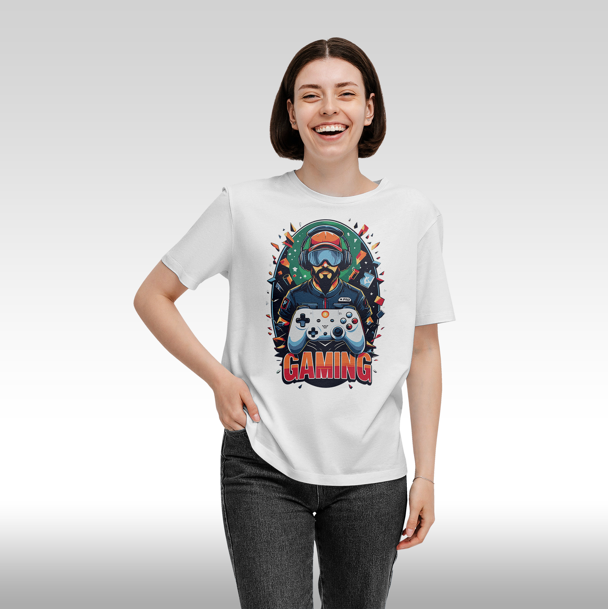 Tricou alb personalizat bumbac Fata dama gaming "Gaming Pro" streetwear
