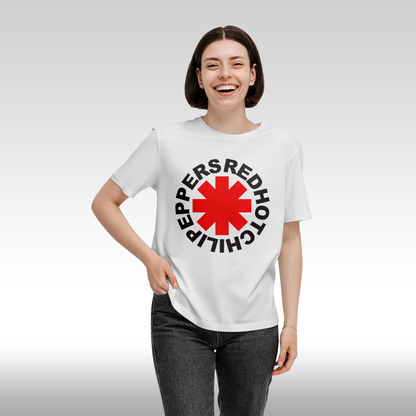 Tricou alb personalizat bumbac Fata dama rock "Red Hot Chili Peppers Emblem" streetwear
