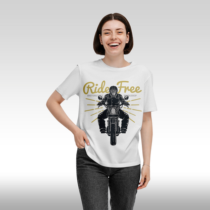 Tricou alb personalizat bumbac Fata dama urban "Ride Free Motorcycle Workshop" streetwear
