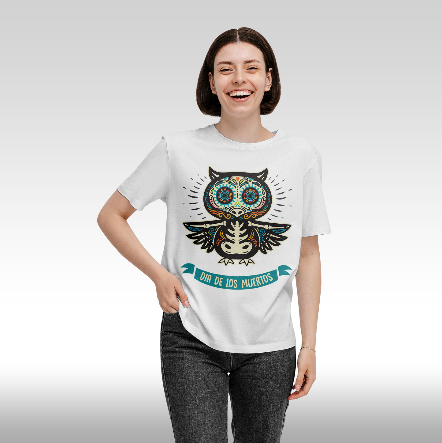 Tricou alb personalizat bumbac Fata dama urban "Dia De Los Muertos bufnita" streetwear
