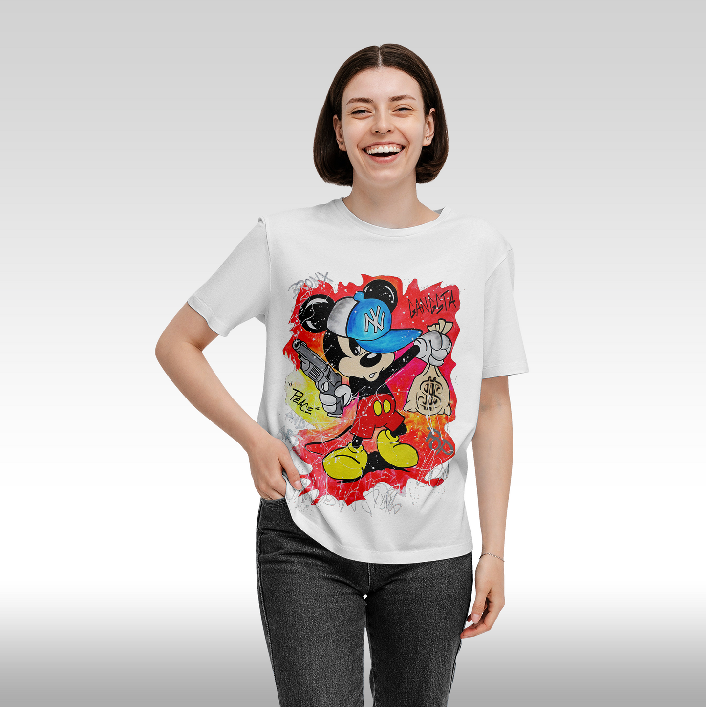 Tricou alb personalizat bumbac Fata dama urban "Gangsta Mickey Mouse" streetwear
