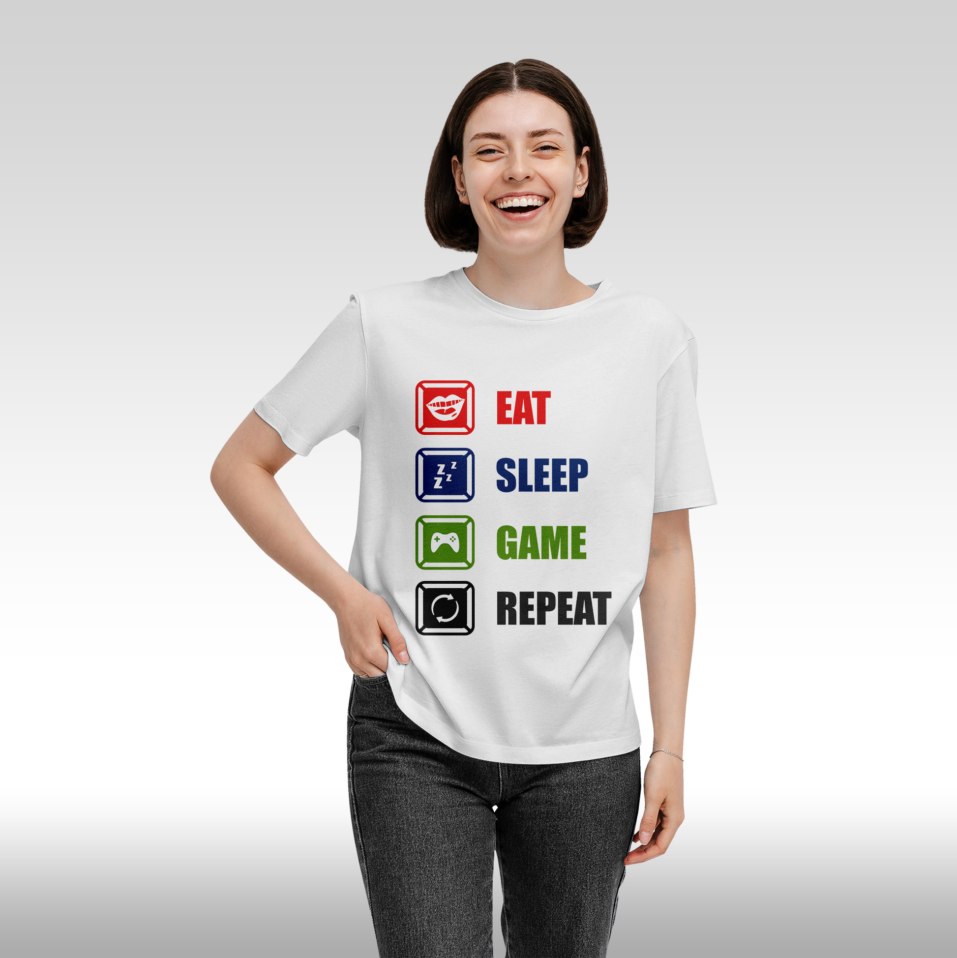Tricou alb personalizat bumbac Fata dama video "Eat, Sleep, Game, Repeat" streetwear
