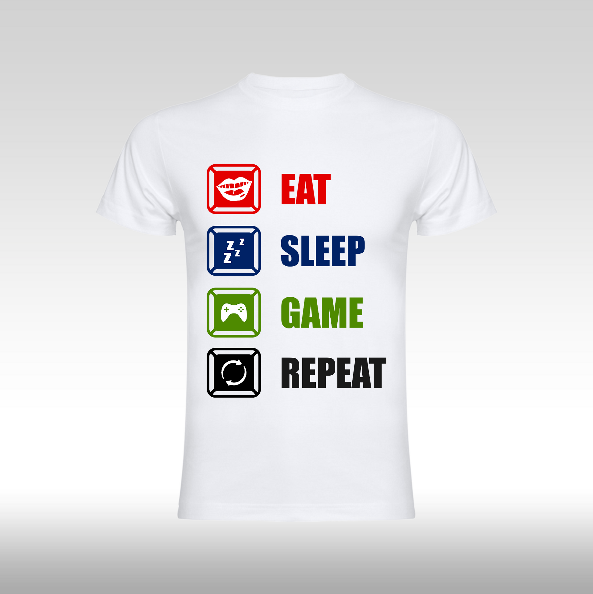 Tricou alb personalizat bumbac Fata video "Eat, Sleep, Game, Repeat" streetwear
