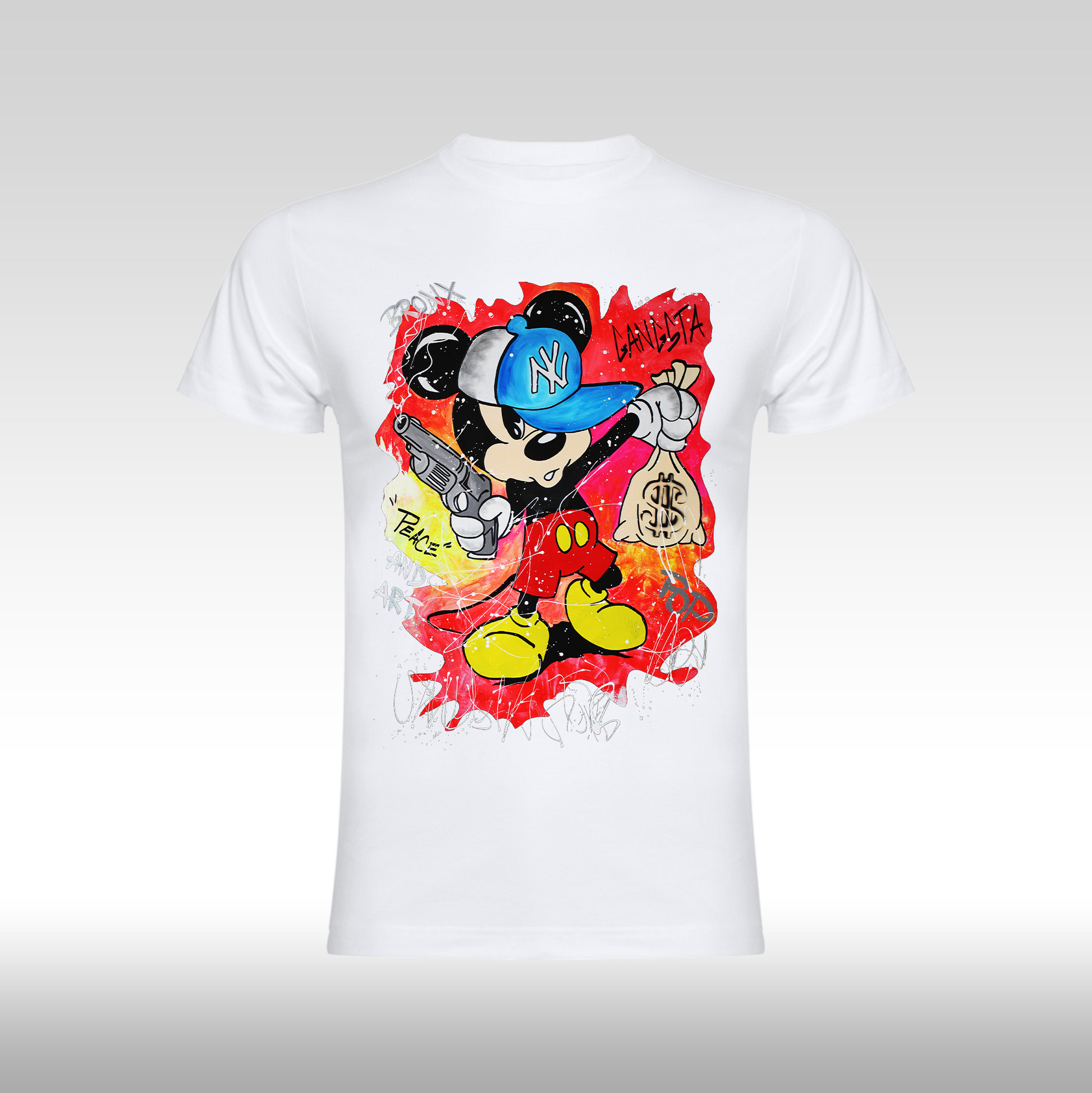 Tricou alb personalizat bumbac urban "Gangsta Mickey Mouse" streetwear
