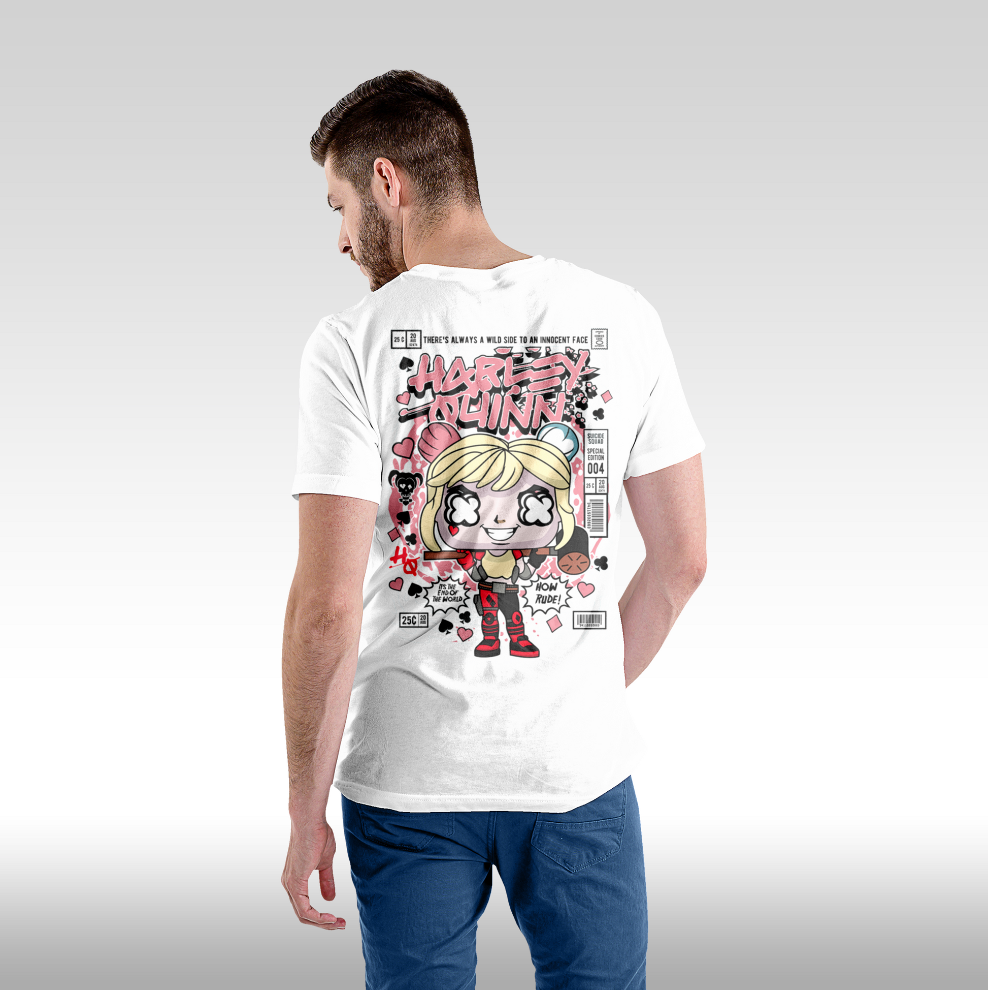 Tricou alb personalizat bumbac Spate Barbat batman "Harley Quinn Funko" streetwear
