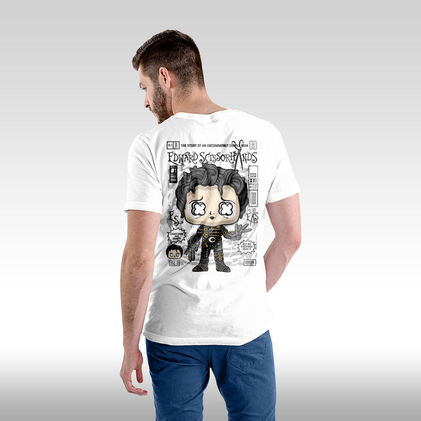 Tricou alb personalizat bumbac Spate Barbat colectionar "Edward Scissorhands Funko" streetwear
