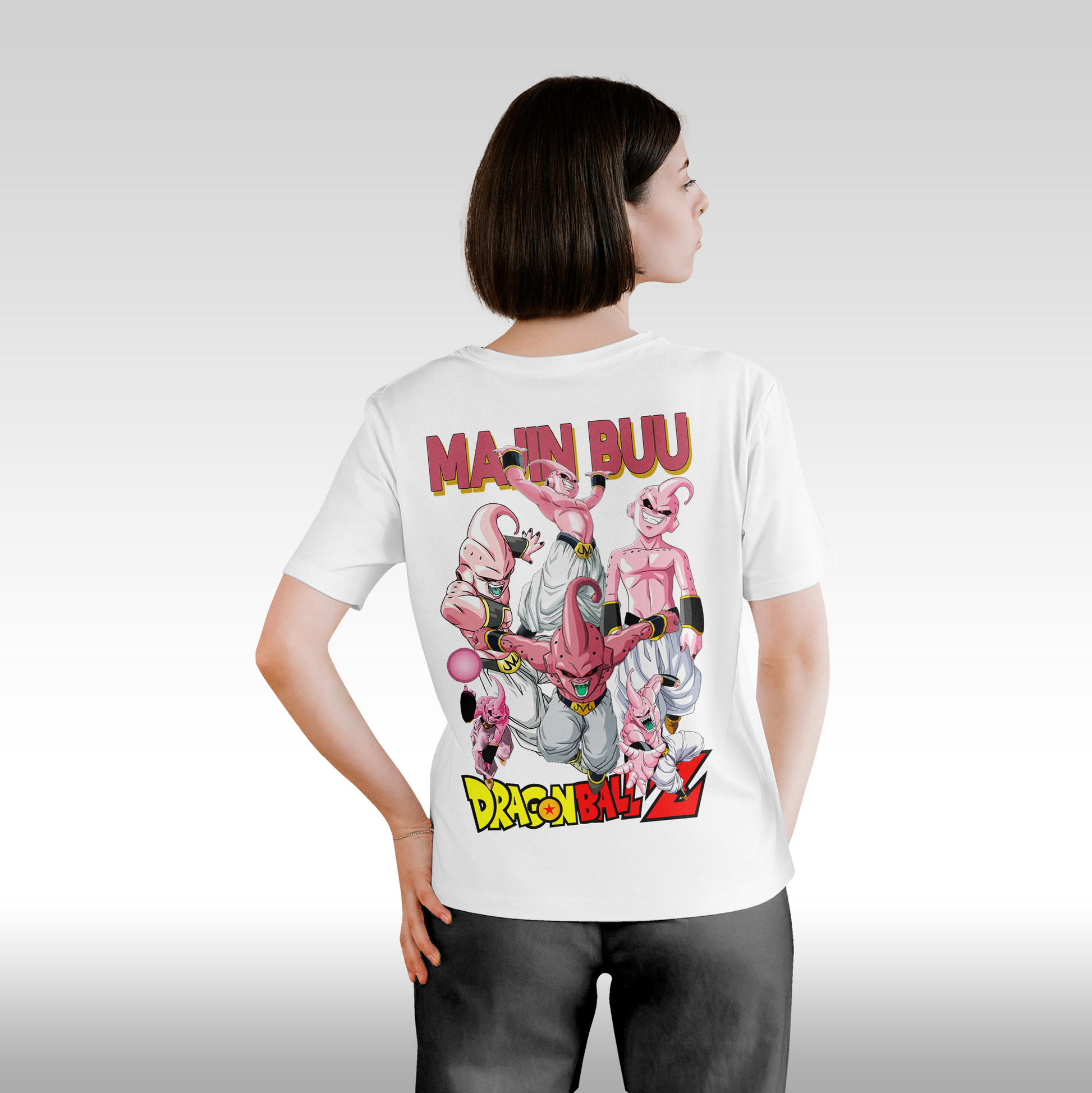 Tricou alb personalizat bumbac Spate Dama anime "Majin Buu" streetwear