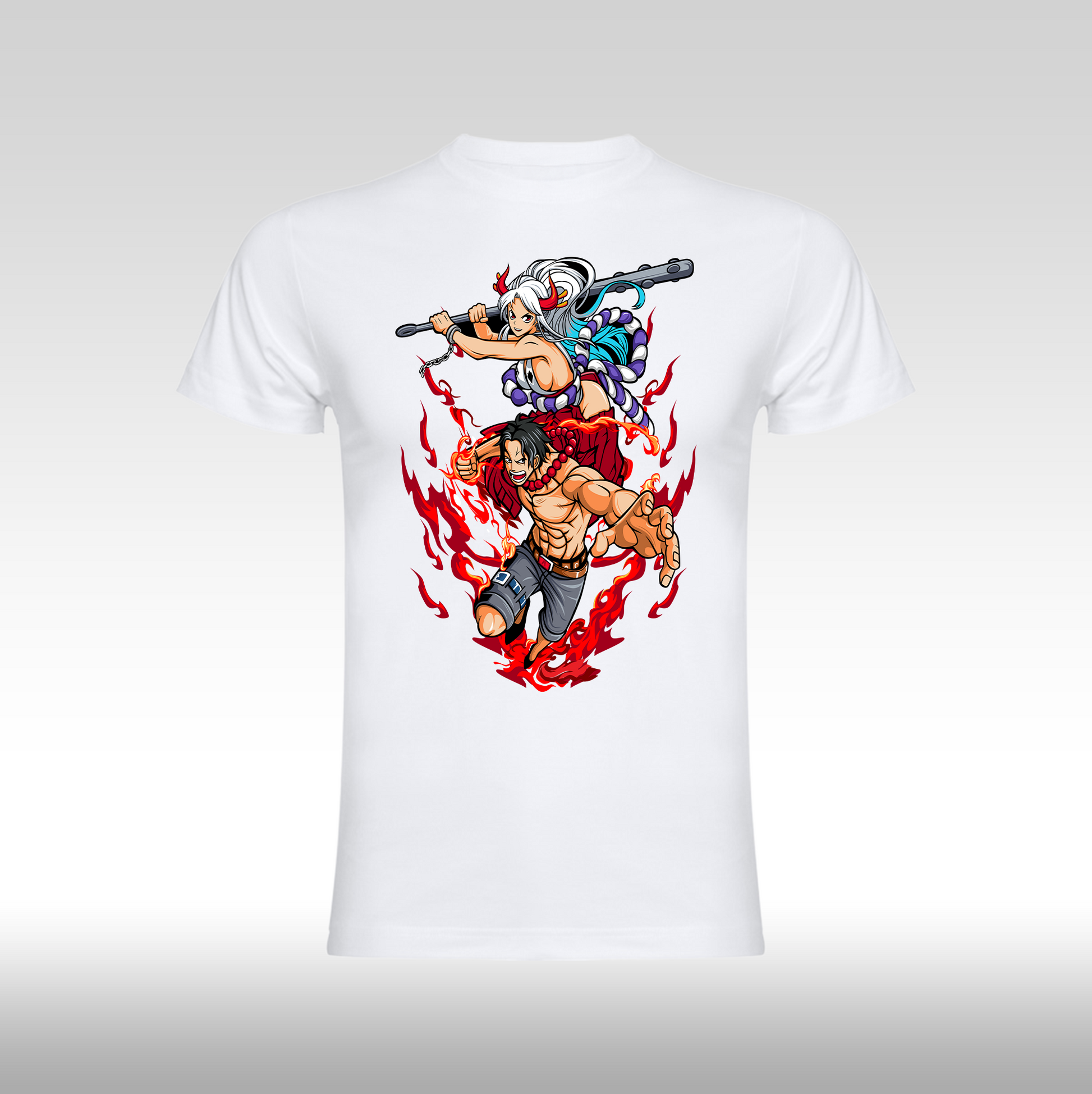 Tricou alb personalizat bumbac anime "Ace-x-Yamato" streetwear

