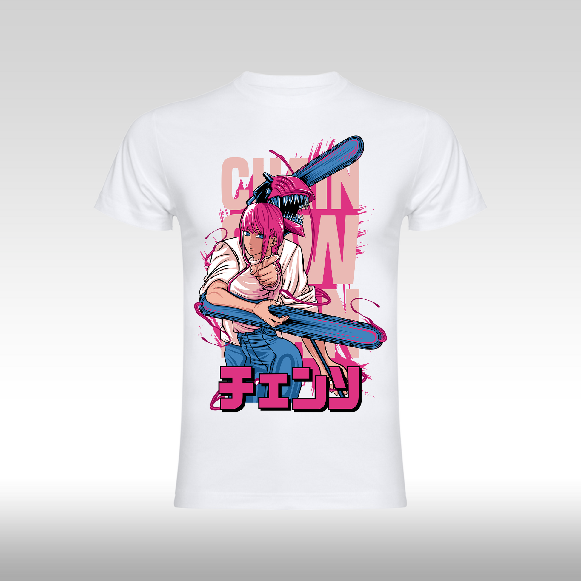Tricou alb personalizat bumbac anime "Chainsaw Man" streetwear
