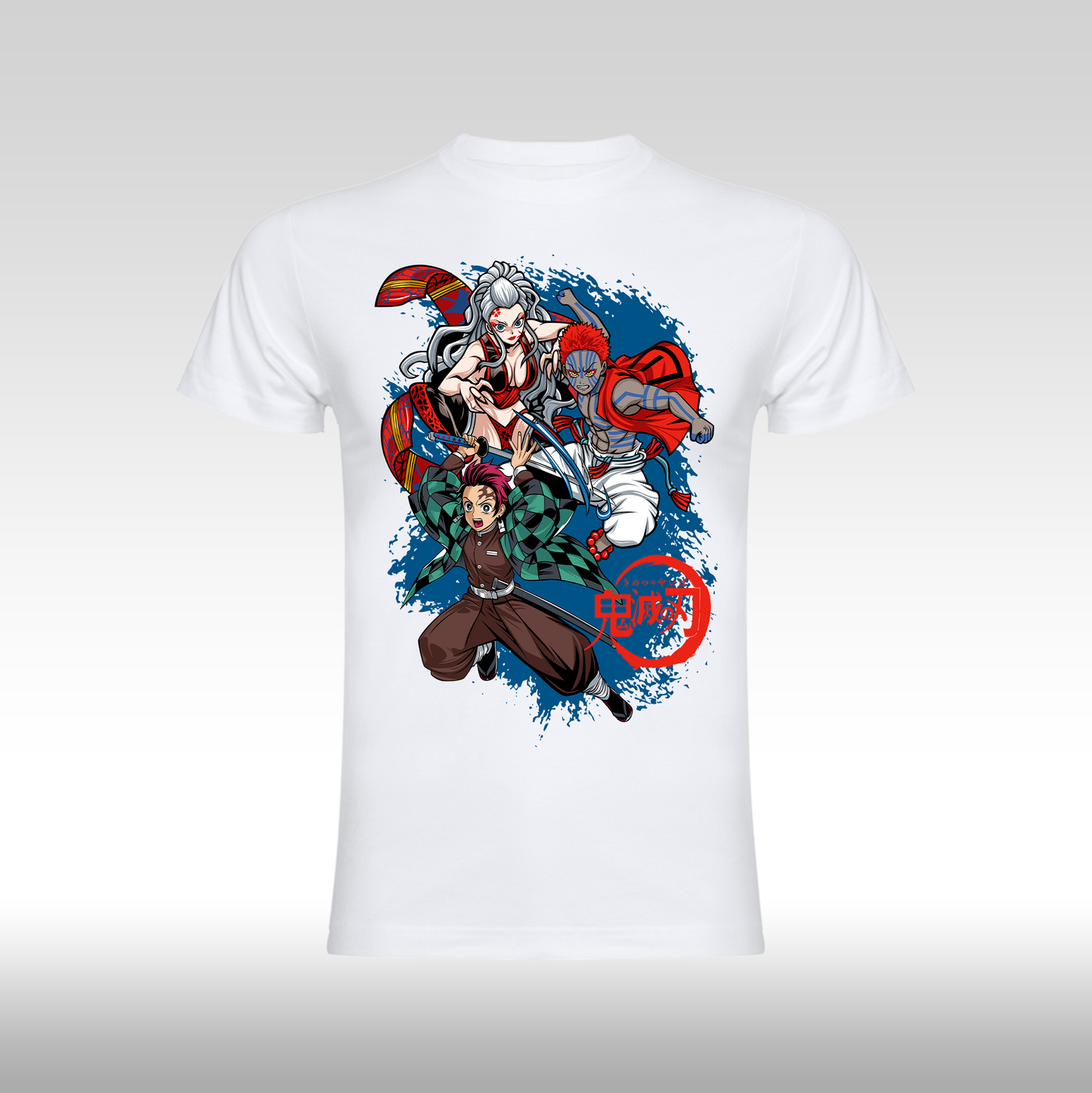 Tricou alb personalizat bumbac anime "Demon Slayer: Tanjiro, Akaza, Daki" streetwear
