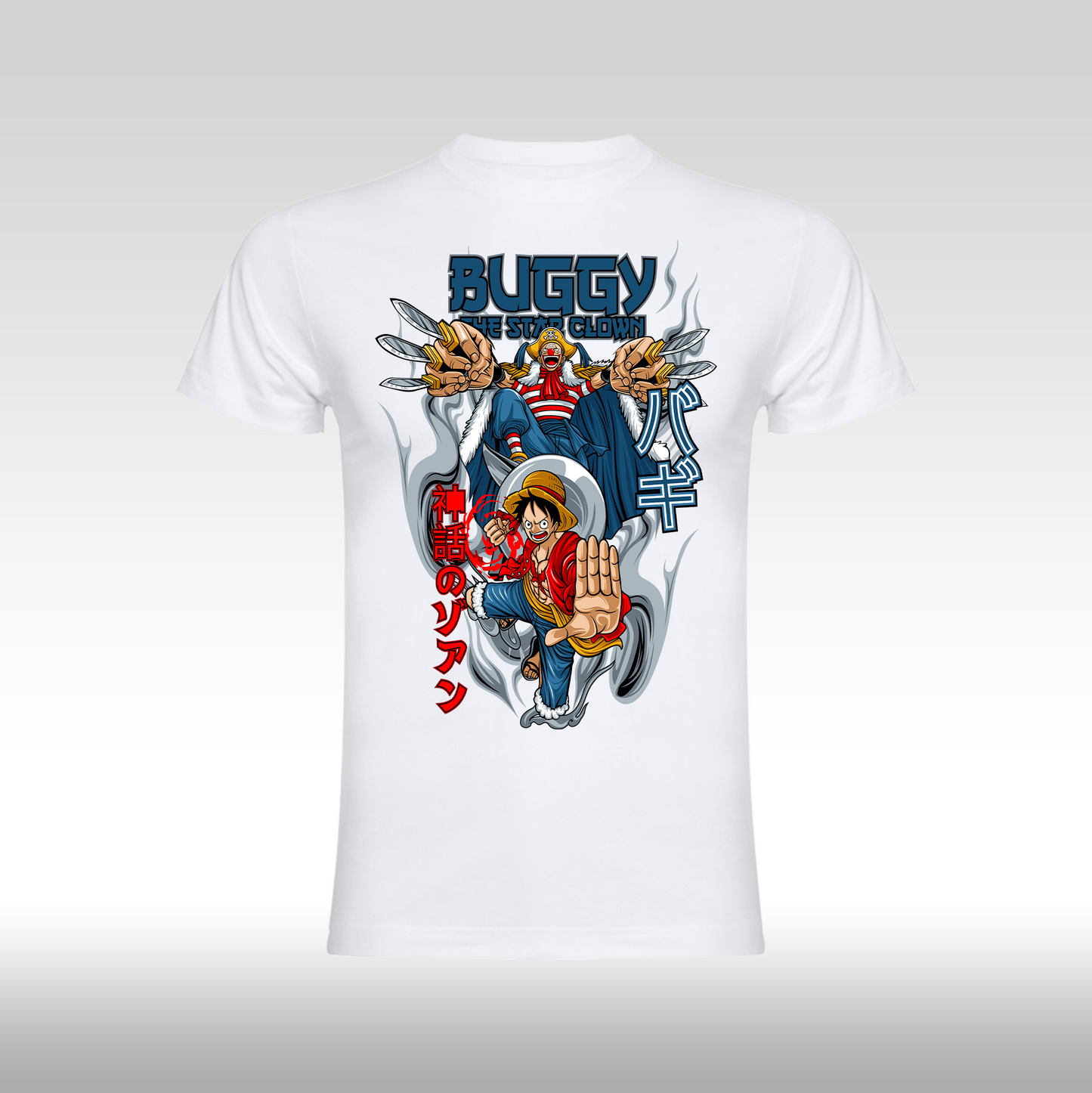 Tricou alb personalizat bumbac anime "Luffy, Buggy The Star Clown" streetwear
