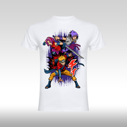 Tricou alb personalizat bumbac anime "Naruto-Sasuke-Sakura" streetwear
