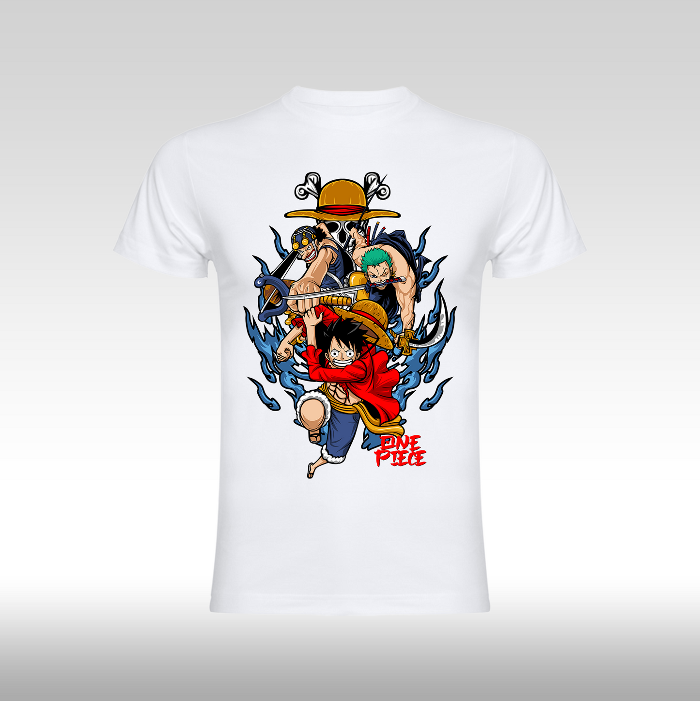 Tricou alb personalizat bumbac anime "One Piece: Luffy, Zoro, Usopp" streetwear
