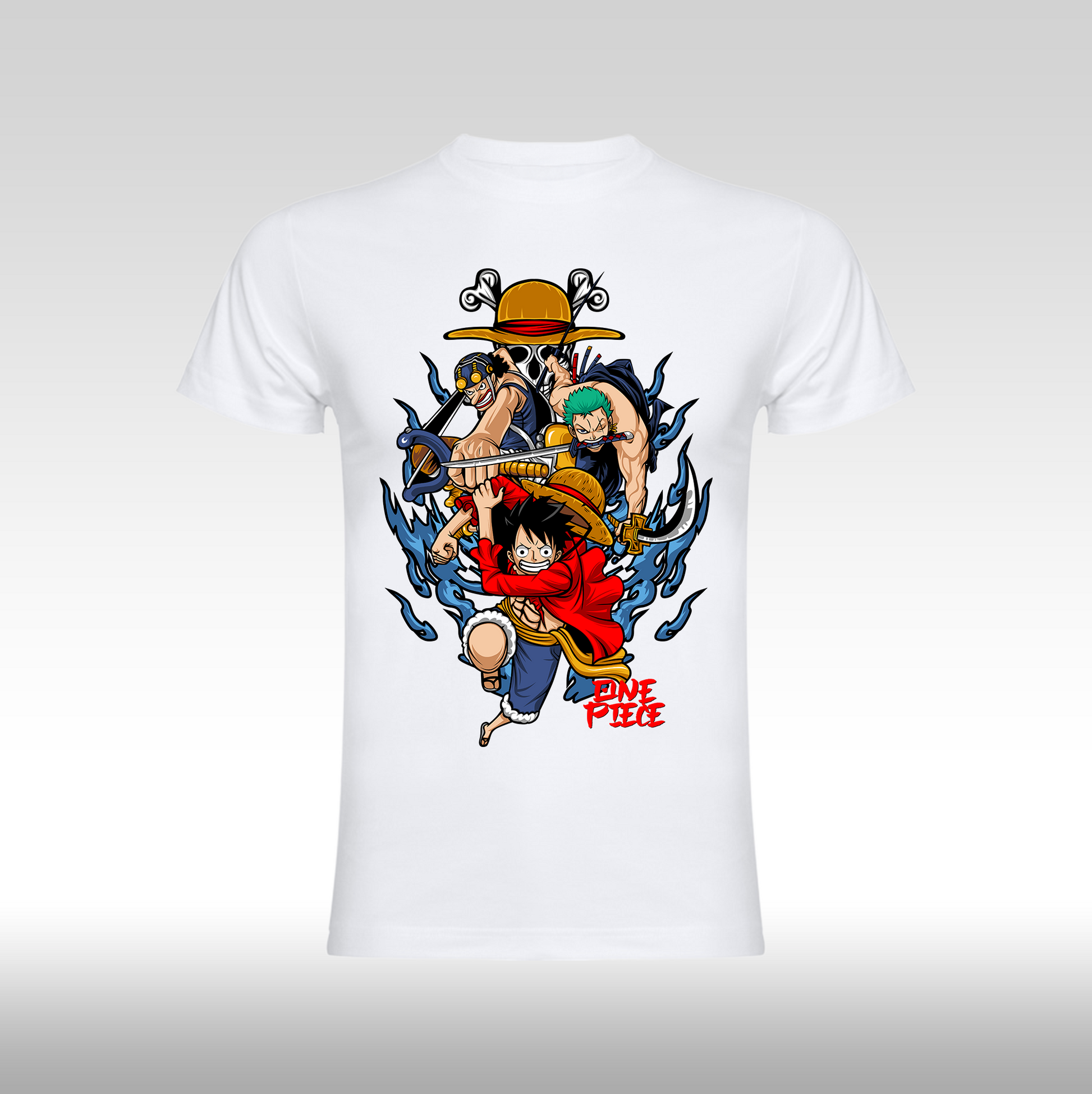 Tricou alb personalizat bumbac anime "One Piece: Luffy, Zoro, Usopp" streetwear
