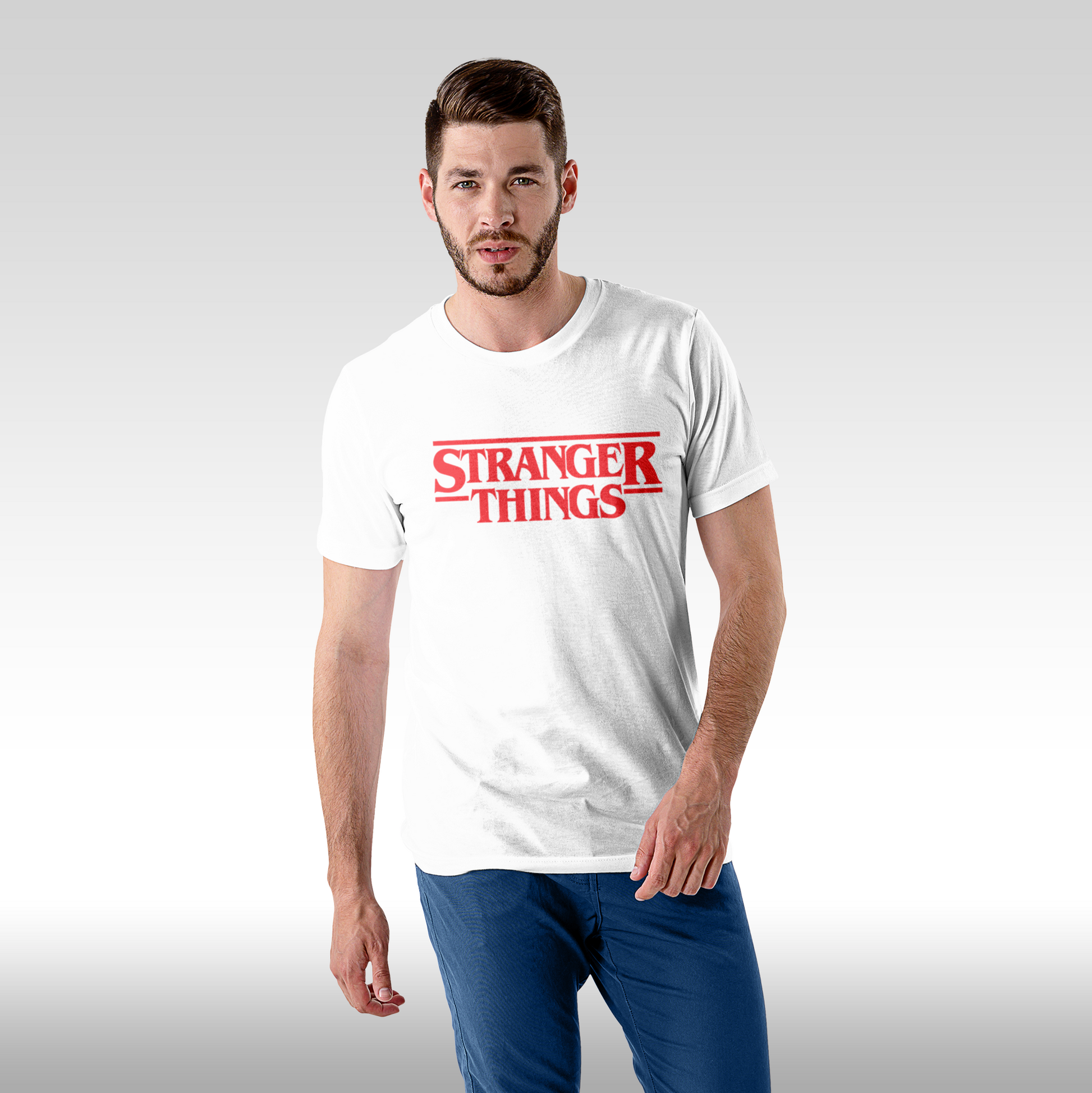 Tricou alb personalizat bumbac fata barbat urban "Stranger Things" streetwear