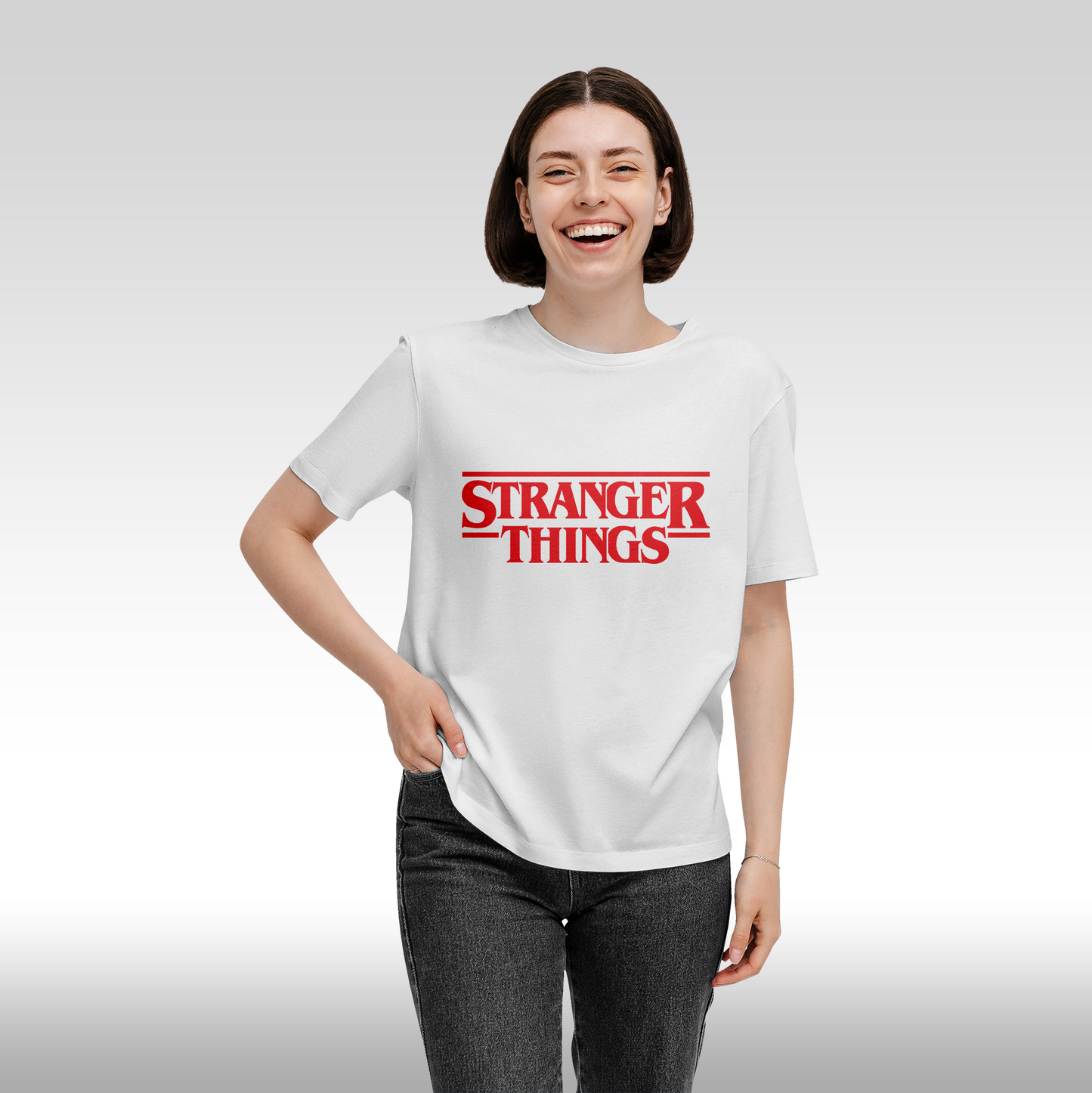 Tricou alb personalizat bumbac fata Dama urban "Stranger Things" streetwear