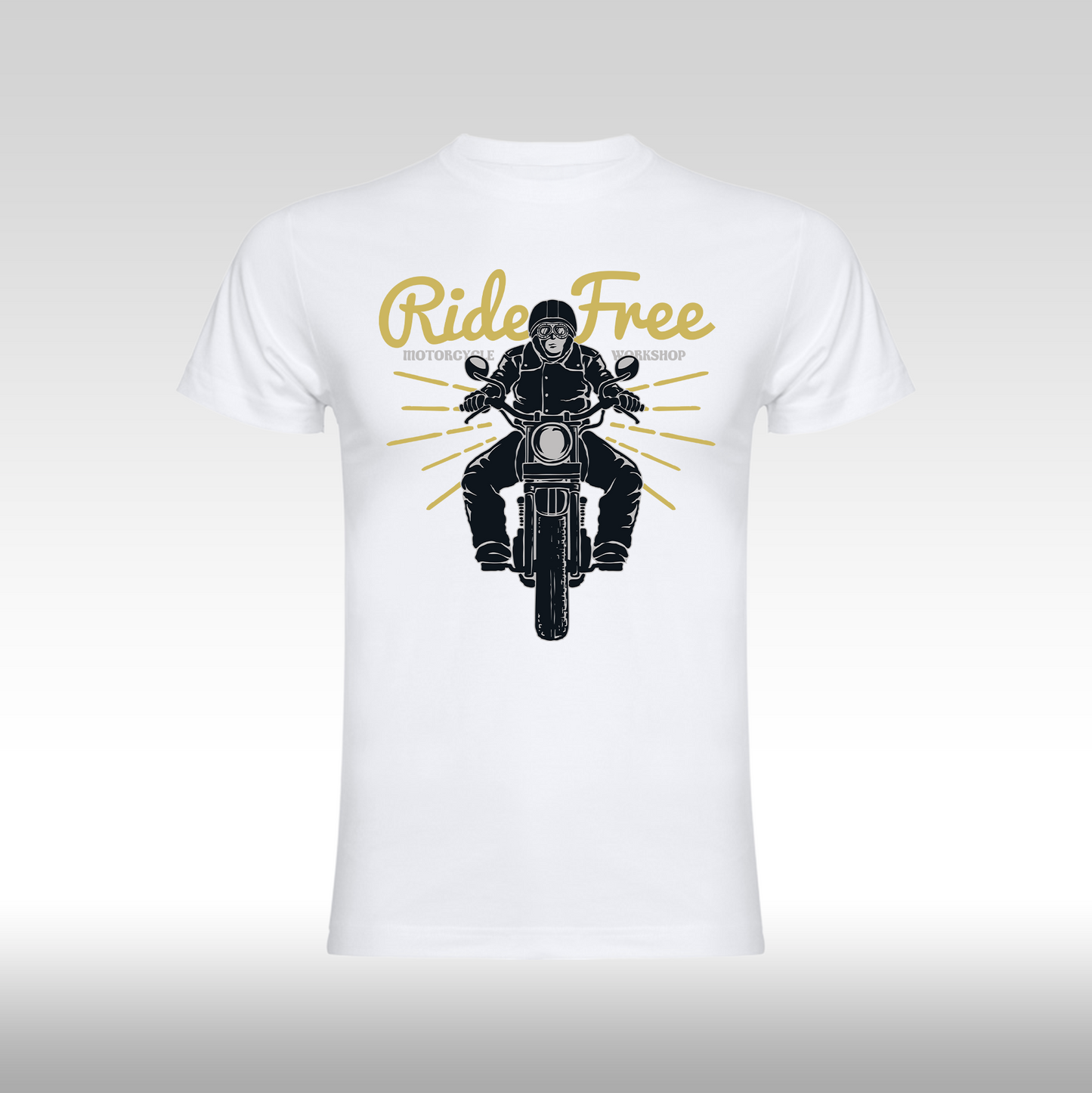 Tricou alb personalizat bumbac  urban "Ride Free Motorcycle Workshop" streetwear
