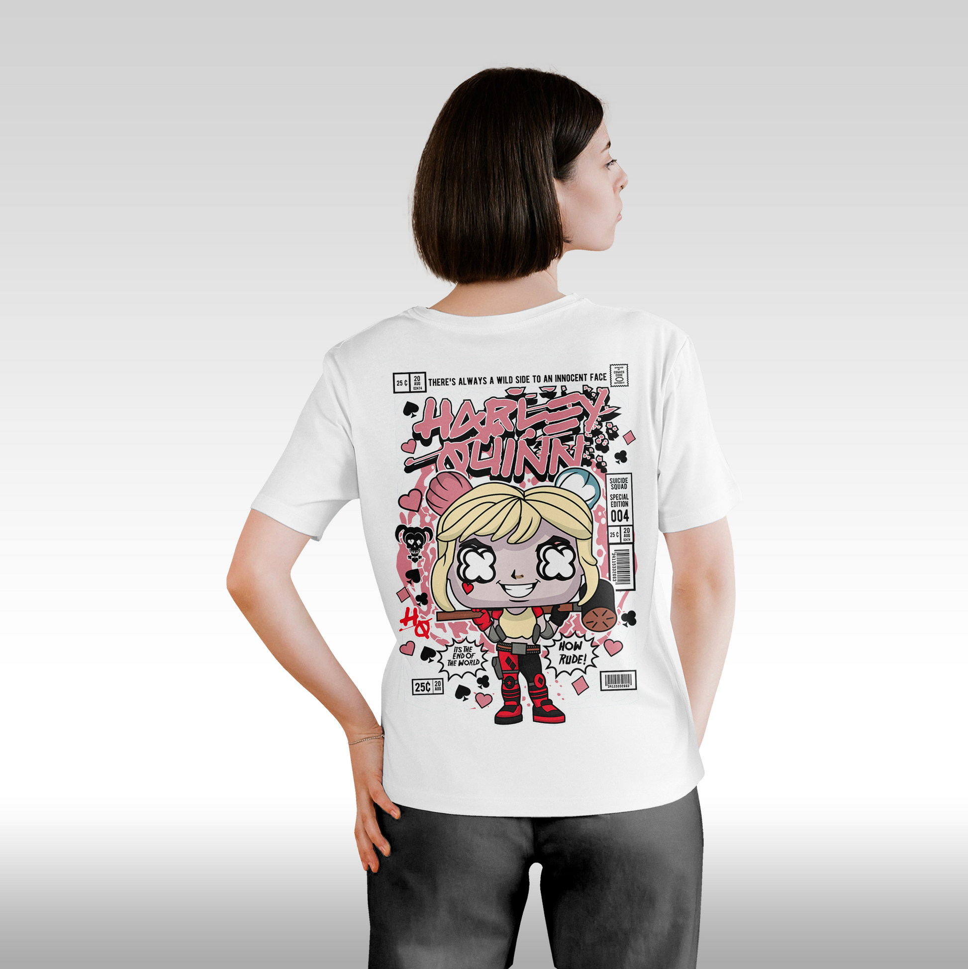 Tricou alb personalizat bumbac Spate dama batman "Harley Quinn Funko" streetwear
