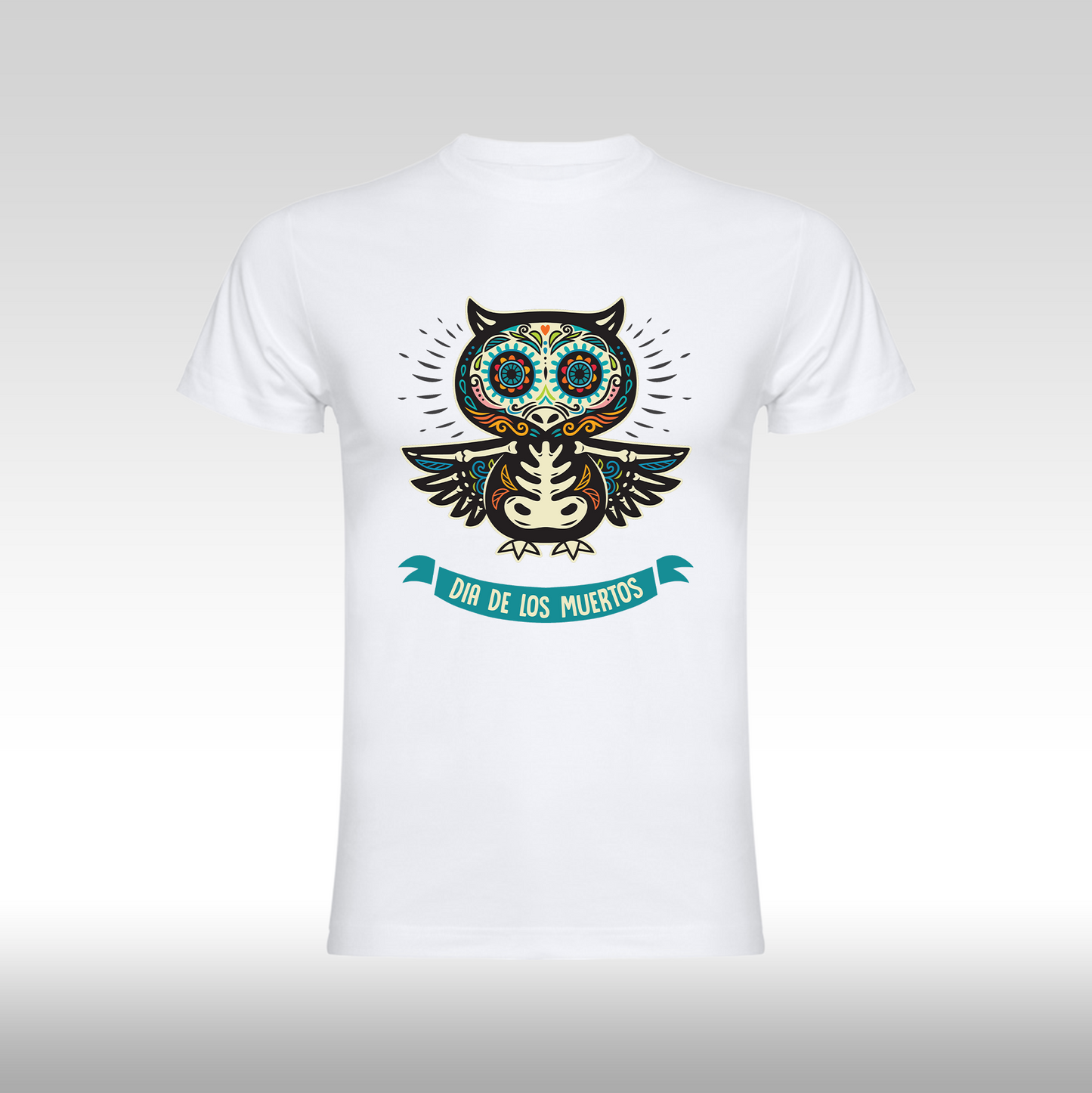 Tricou alb personalizat bumbac urban "Dia De Los Muertos bufnita" streetwear
