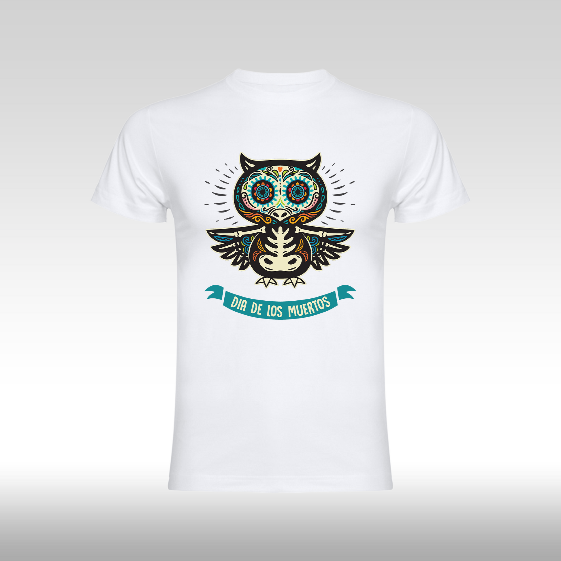 Tricou alb personalizat bumbac urban "Dia De Los Muertos bufnita" streetwear

