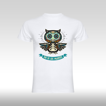 Tricou alb personalizat bumbac urban "Dia De Los Muertos bufnita" streetwear
