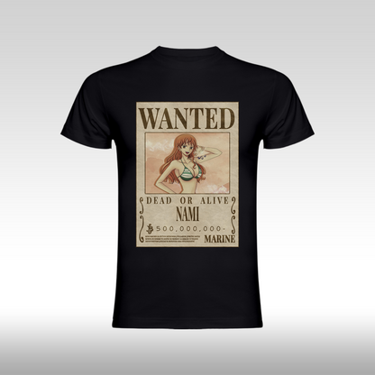 Tricou negru personalizat bumbac Fata anime "WANTED : Nami" streetwear
