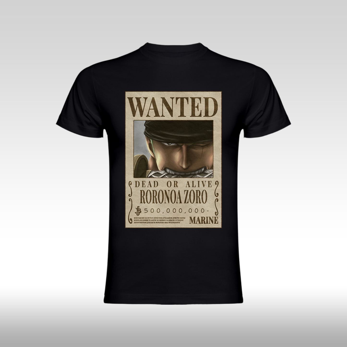 Tricou negru personalizat bumbac Fata anime "WANTED : Roronoa Zoro" streetwear
