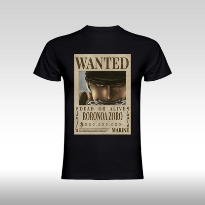 Tricou negru personalizat bumbac Fata anime "WANTED : Roronoa Zoro" streetwear
