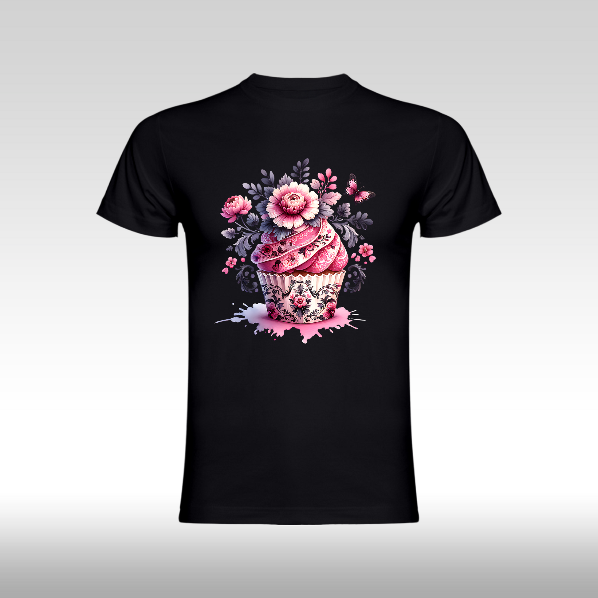 Tricou negru personalizat bumbac Fata Dama briosa "Floral Cupcake" streetwear