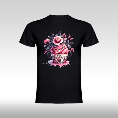 Tricou negru personalizat bumbac Fata Dama briosa "Floral Cupcake" streetwear