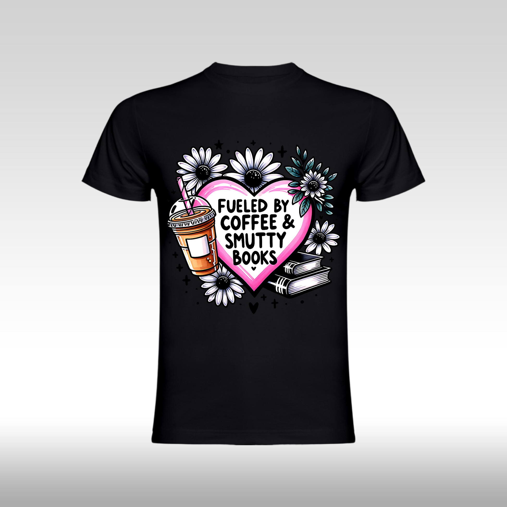Tricou negru personalizat bumbac Fata Dama cafea "Fueled by Coffee & Smutty Books" streetwear
