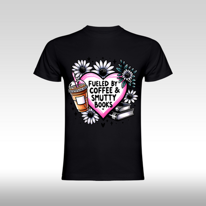 Tricou negru personalizat bumbac Fata Dama cafea "Fueled by Coffee & Smutty Books" streetwear
