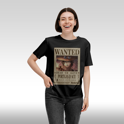 Tricou negru personalizat bumbac Fata Dama anime "WANTED : Portgas D Ace" streetwear
