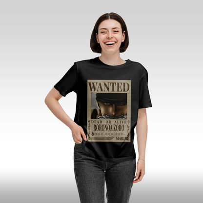 Tricou negru personalizat bumbac Fata Dama anime "WANTED : Roronoa Zoro" streetwear
